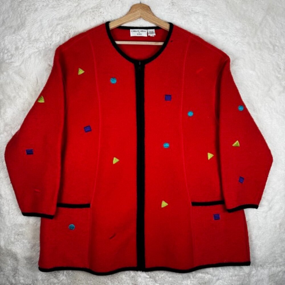 Vintage Carlos Arias Zip Up Wool Sweater Cardigan Women's Large Red Orange 80s